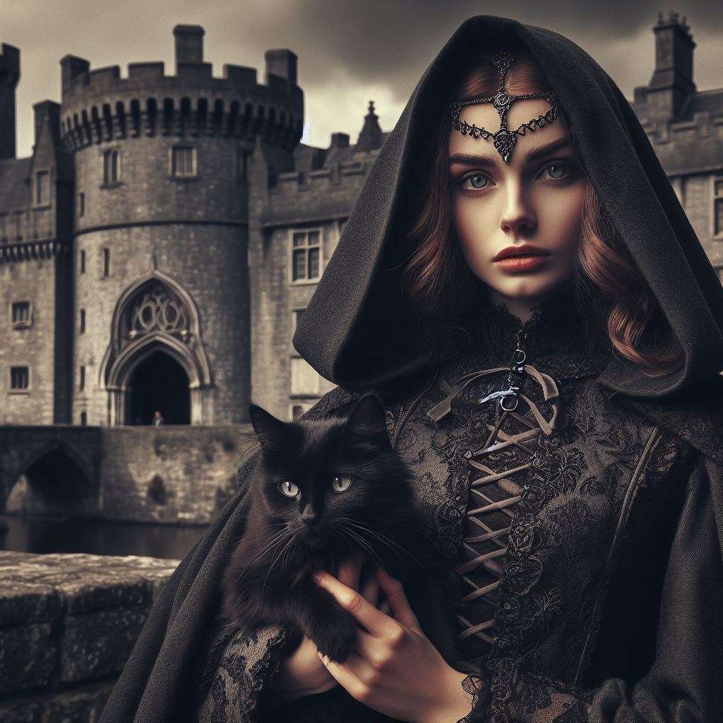 Alice Kyteler, Kilkenny AI image of Alice Kyteler dressed in black with a black cat in front of a castle.